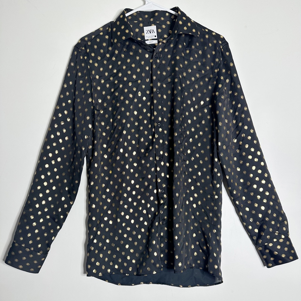 Zara Mens Black Gold Polka Dot Button Down Slim Fit Shirt